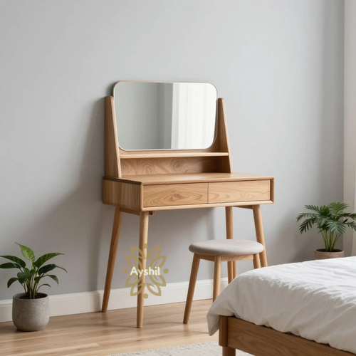 میز آرایش چوبی مدرن مدل آنجل با آینه اردکان و صندلی ست مناسب اتاق خواب لاکچری