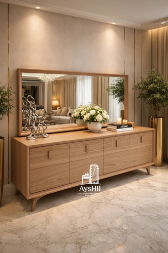 آینه کنسول مدل فیلون | آینه کنسول لاکچری MDF با روکش چوب راش سفارشی