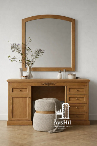خریدمیز آرایش چوبی کلاسیک مدل آرامیس | خرید میز آرایشی لوکس با روکش طبیعی راش، بلوط و گردو همراه آینه بزرگ و صندلی