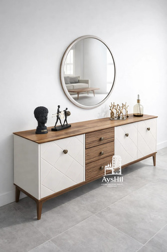 خرید آینه کنسول چوبی مدل هیلدا | آینه کنسول لوکس با روکش چوب طبیعی راش، بلوط و گردو + آینه گرد ۷۰ سانتی